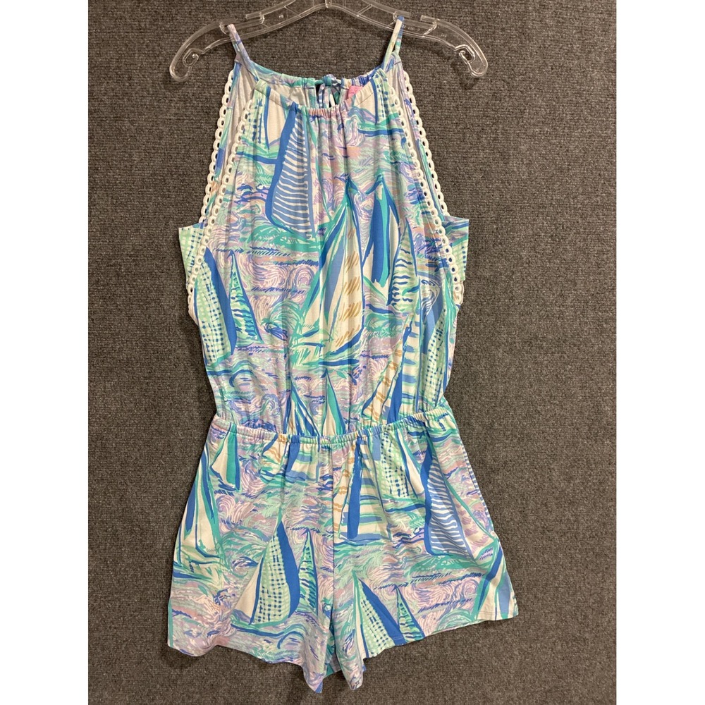 Lilly‎ Pulitzer Donna Romper Womens Small Blue Sailboat Print Eyelet Trim NWT